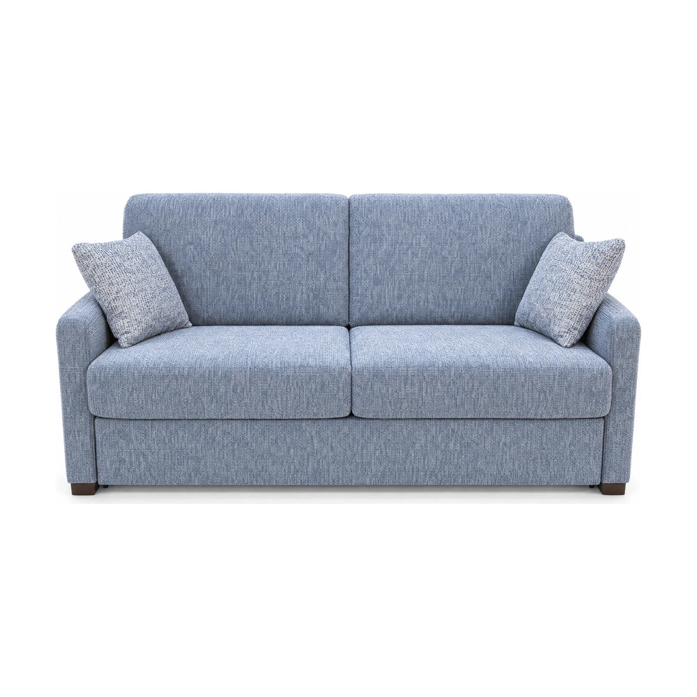 Funktionssofa 26219 Stoff Graublau mit Holzfüßen Wenge Liegefläche 140x195 freigestellt auf weißem Hintergrund – Möbel Graf Dresden – Art.-Nr. 30148..110