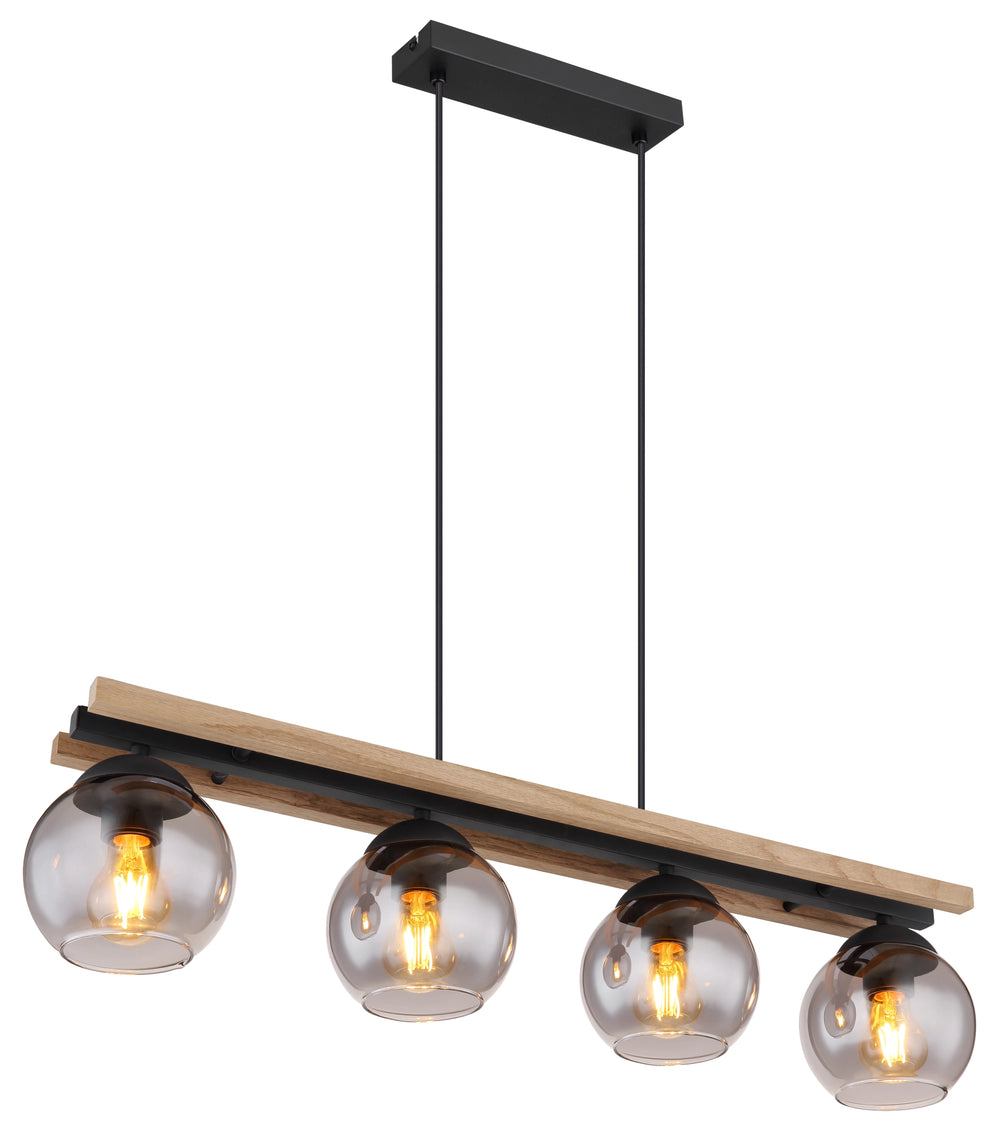 Pendelleuchte 85 cm 4-flammig Globo Conni mit Holzbalken, schwarzem Metall und vier Rauchglasschirmen