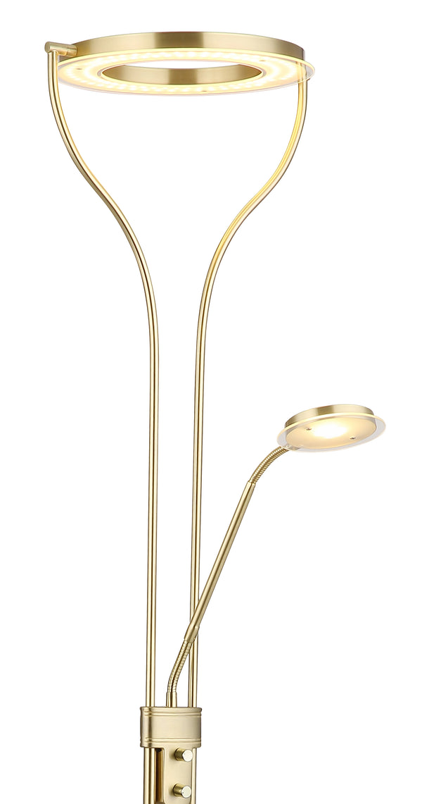 Deckenfluter Globo Ebro LED eingeschaltet, warmweißes Licht 3000 K aus Fluter und Leselicht, Messing matt