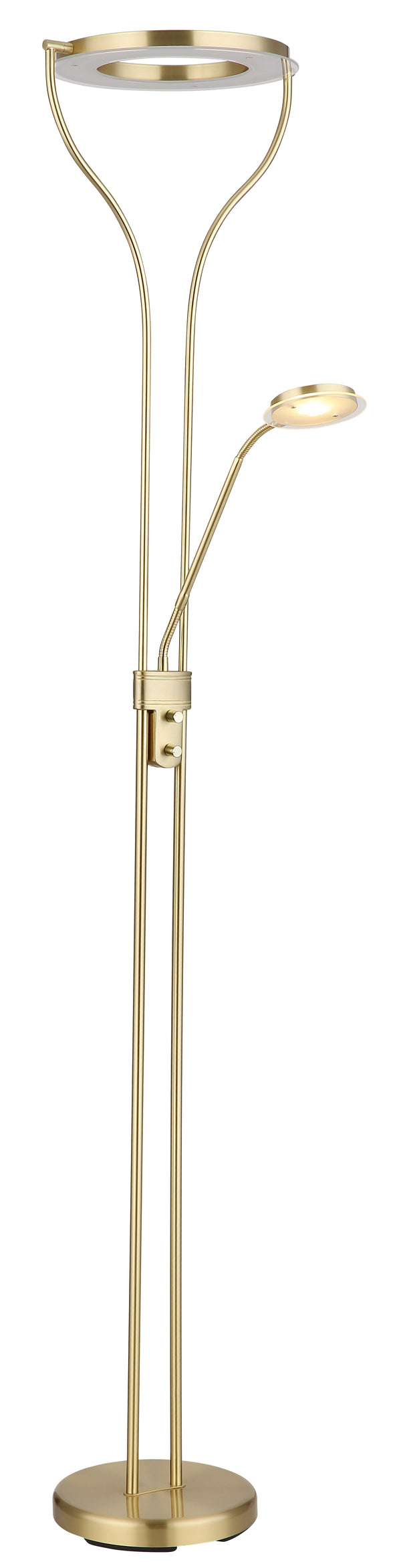 Deckenfluter Globo Ebro Messing matt 194 cm, Fluter gedreht und Lesearm nach unten geneigt, Ansicht von vorn