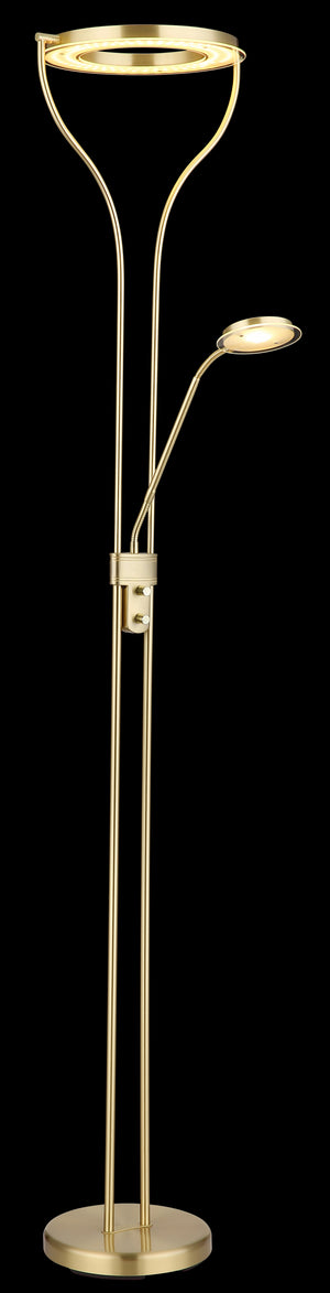 Deckenfluter Globo Ebro LED Messing matt beleuchtet vor dunklem Hintergrund, Fluter und Leselicht an