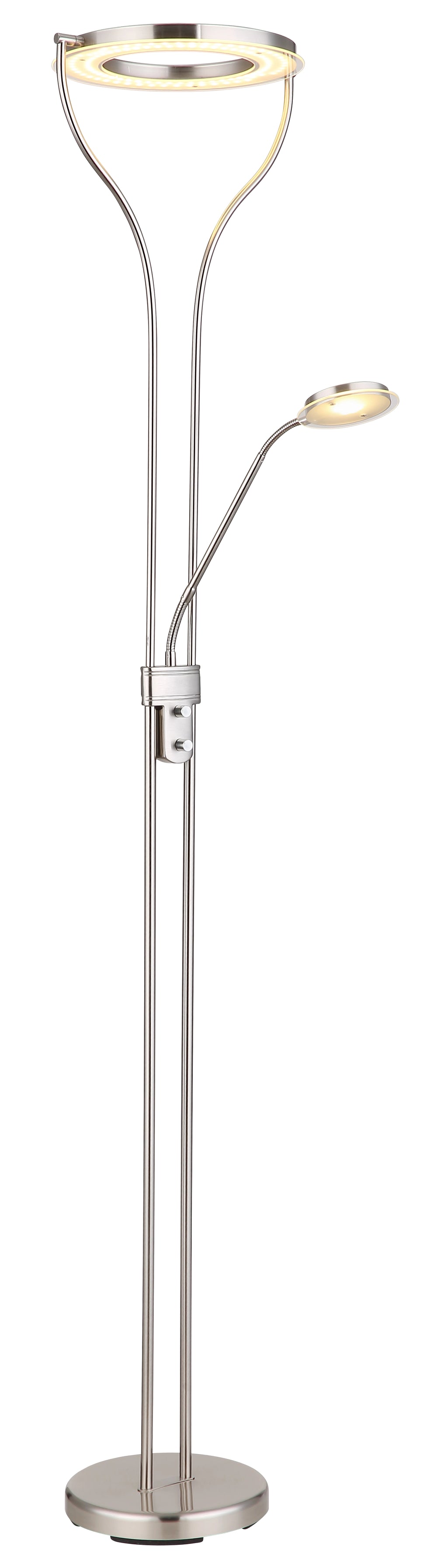 Deckenfluter 194 cm LED Globo Ebro in Nickel matt mit Leselicht am flexiblen Arm, Frontansicht unbeleuchtet