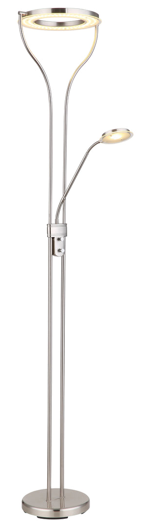 Deckenfluter 194 cm LED Globo Ebro in Nickel matt mit Leselicht am flexiblen Arm, Frontansicht unbeleuchtet