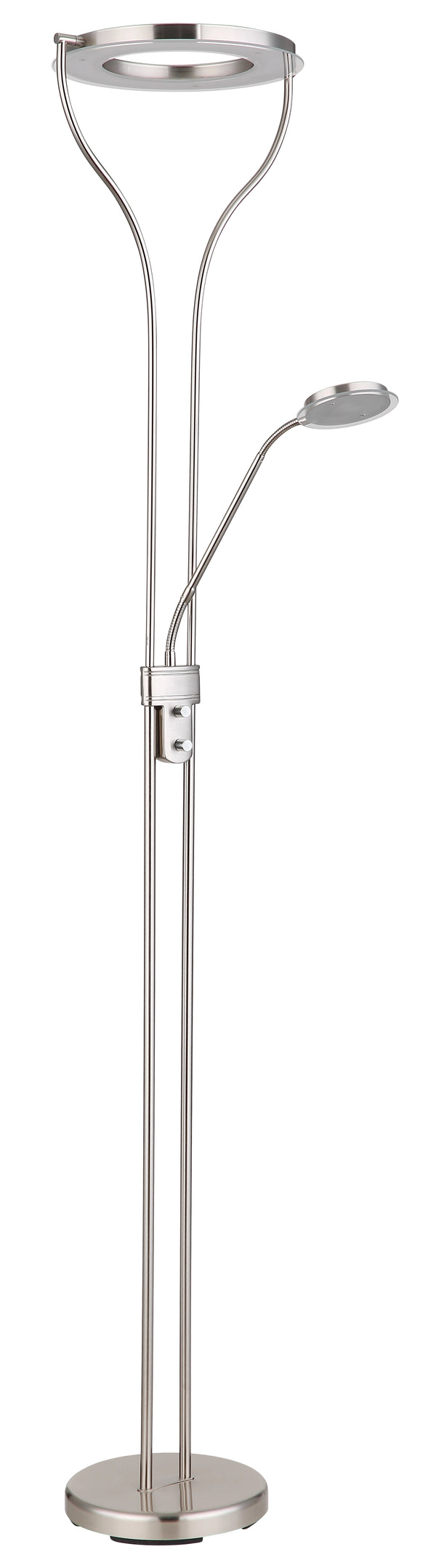 Deckenfluter Globo Ebro Nickel matt, drehbarer Fluterkopf und Lesearm mit satiniertem Acrylglas, Seitenansicht