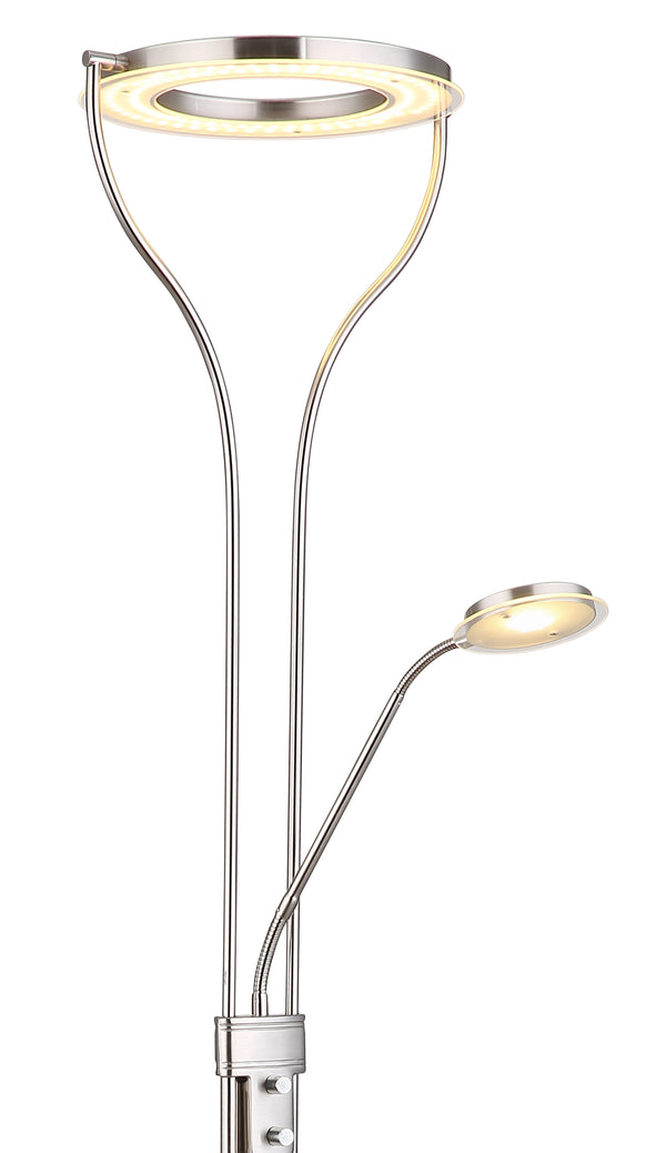 Deckenfluter Globo Ebro LED eingeschaltet, warmweißes Licht 3000 K aus Fluter und Leselicht, Nickel matt