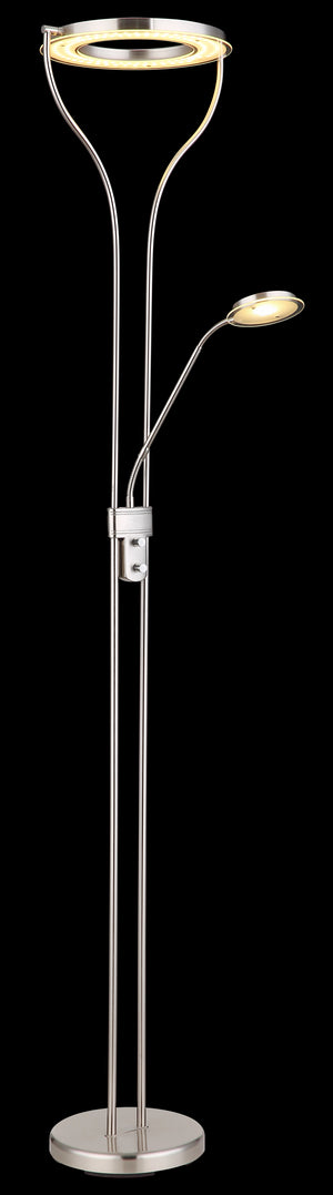 Deckenfluter Globo Ebro LED Nickel matt beleuchtet vor dunklem Hintergrund, Fluter und Leselicht an – Möbel Graf Pirna