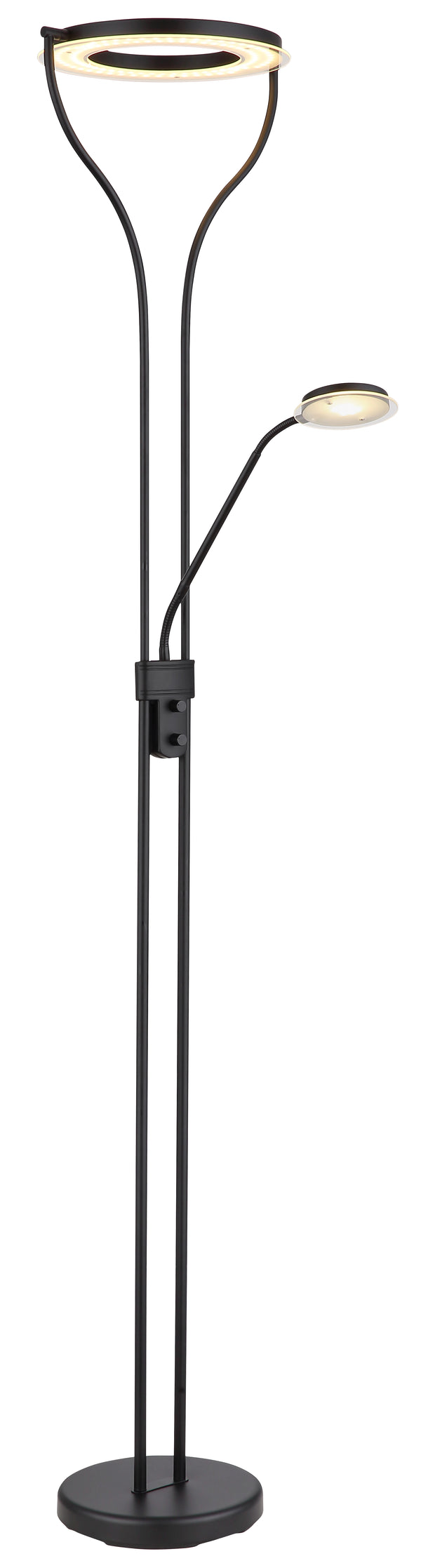 Deckenfluter 194 cm LED Globo Ebro in Schwarz mit Leselicht am flexiblen Arm, Frontansicht unbeleuchtet