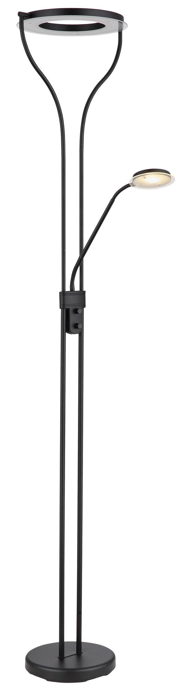 Deckenfluter Globo Ebro Schwarz 194 cm, Fluter gedreht und Lesearm nach unten geneigt, Ansicht von vorn