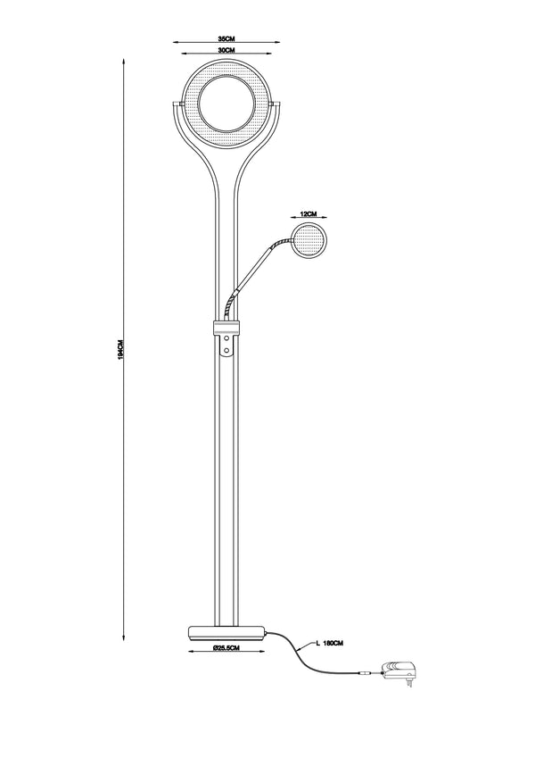 Maßzeichnung Deckenfluter Globo Ebro 59038SDVU, Höhe 194 cm, Fuß und Lesearm – Möbel Graf Pirna/Dresden