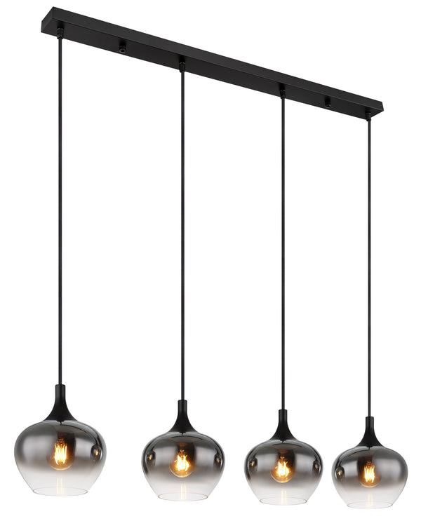 Pendelleuchte 100 cm 4-flammig Globo Maxy mit vier Rauchglaskugeln Ø 18 cm an schwarzer Deckenschiene
