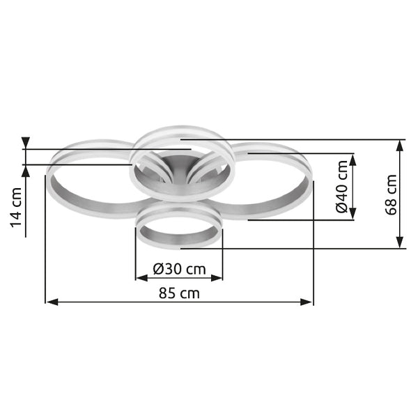 Deckenleuchte Globo Rubio mit Maßangaben 85 x 68 cm, Höhe 14 cm, Ringe 30 und 40 cm – Möbel Graf Pirna/Dresden