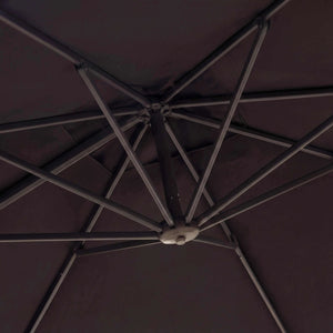 Moderner Ampelschirm Lexa 300x300 cm mit grauer Polyester-Bespannung, Aluminiumgestell, 360° drehbar und integrierter LED-Solarbeleuchtung.