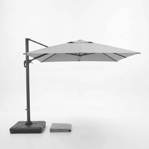 Moderner Ampelschirm Lexa 300x300 cm mit grauer Polyesterbespannung, drehbar und mit LED-Solarlicht samt Schirmfuß und Hülle