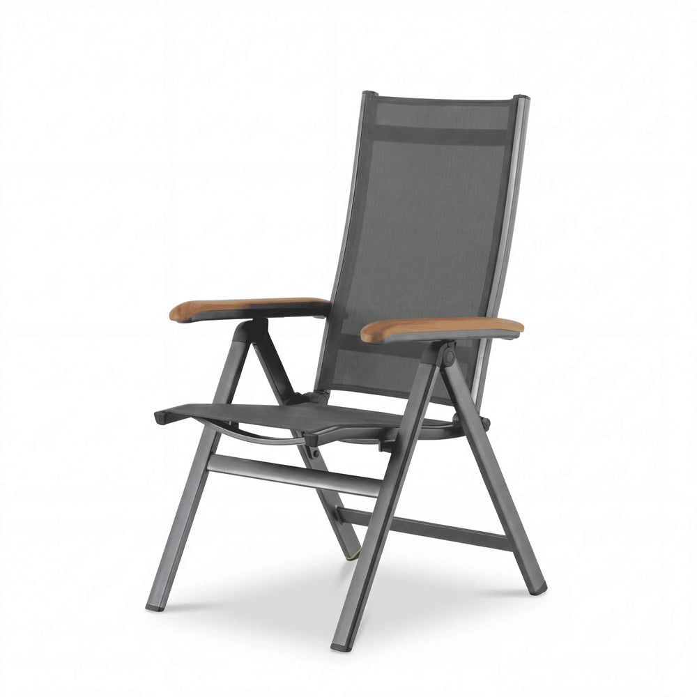 Multipositionsstuhl Reno mit Teakholz-Armlehnen, Aluminiumgestell und Textilene-Bespannung in Anthrazit für Outdoor-Bereich
