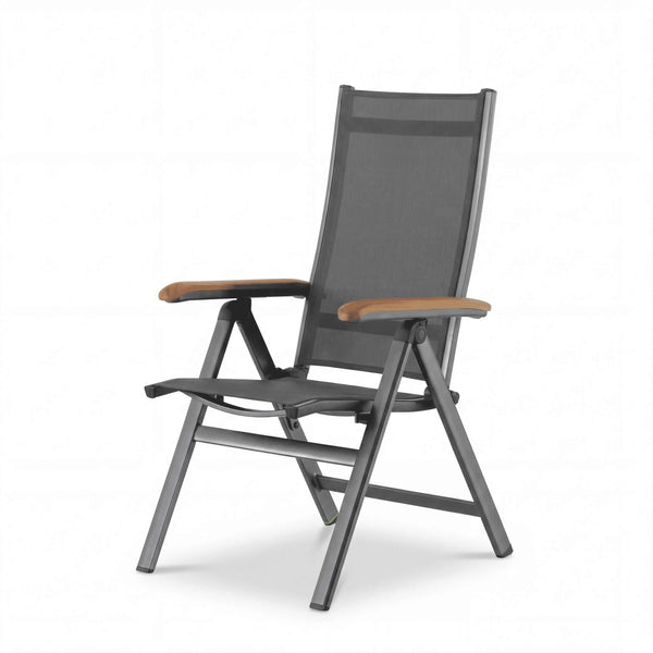 Multipositionsstuhl Reno Aluminiumgestell Eisengrau mit Teak-Armlehnen und anthrazitfarbener Textilene-Bespannung für Außenbereich