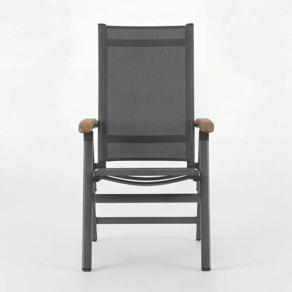 Multipositionsstuhl Reno mit Aluminiumgestell, Teak-Armlehnen und anthrazitfarbener Textilene-Bespannung für Garten und Terrasse