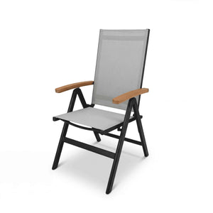 Moderner Positionsstuhl Calanda mit verstellbarer Rückenlehne und Aluminiumgestell in Charcoal, wetterbeständig mit Holzarmlehnen