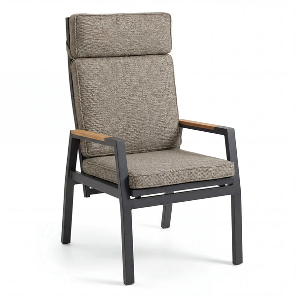 Moderner Positionsstuhl Spoga mit Aluminiumgestell, Textilene-Sitz und Teakholz-Armlehnen