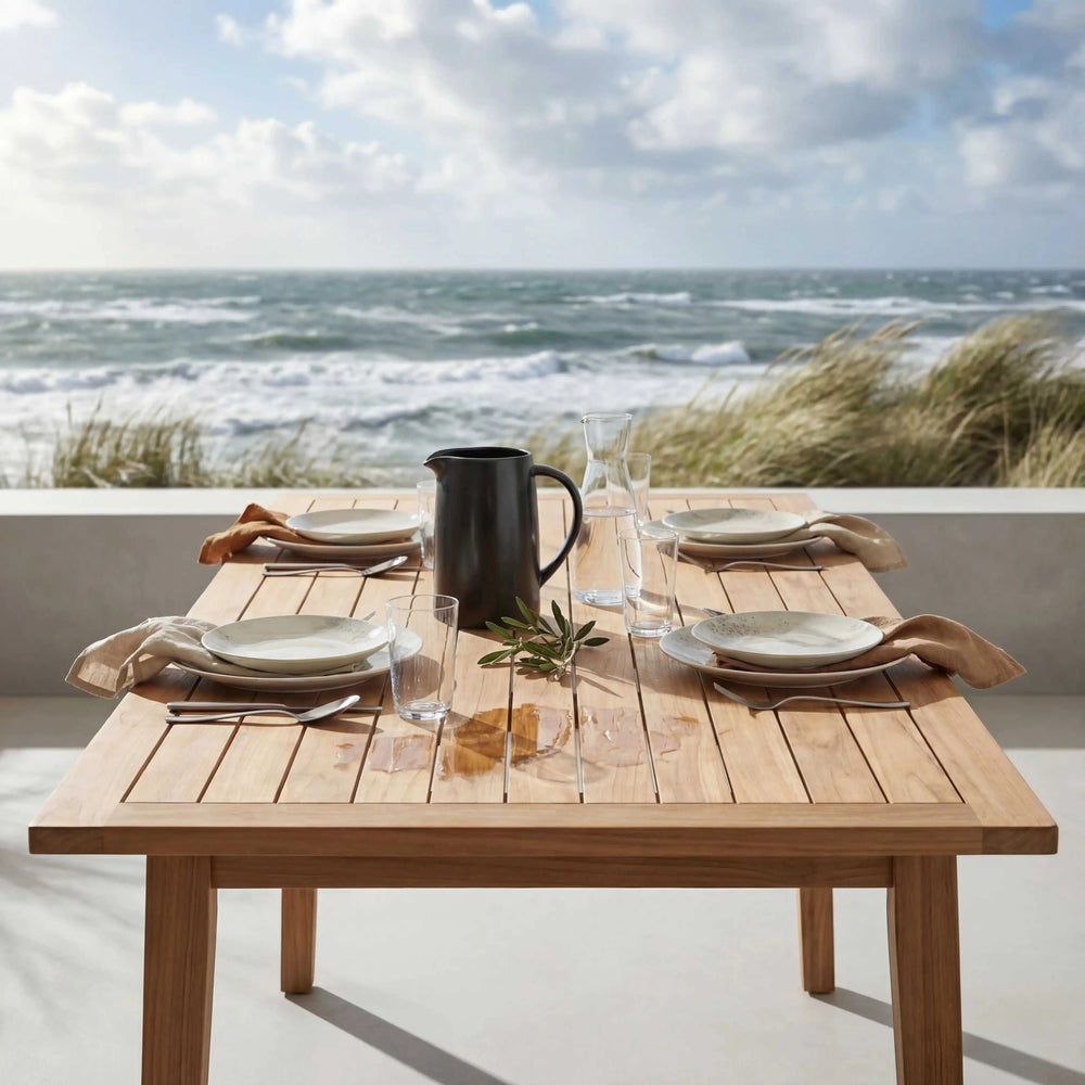 Ausziehtisch Malaga aus FSC-zertifiziertem Teakholz mit Butterfly-Auszug und quadratischen Beinen