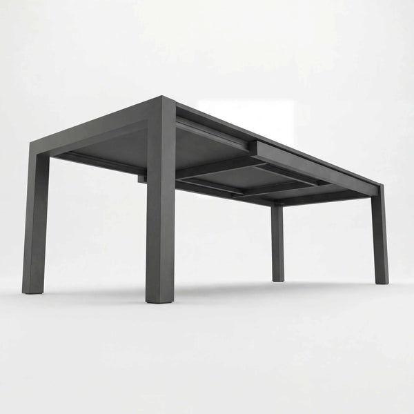 Ausziehtisch Silverstar mit heller Zement-Tischplatte und anthrazitfarbenem Aluminiumgestell, verlängerbar von 214 cm auf 294 cm