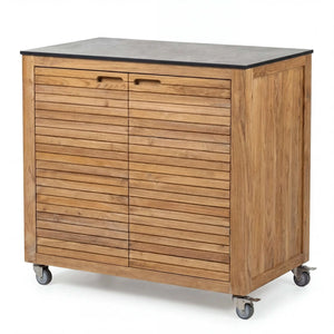 Teakholz Sideboard Elma mit Silverstar Quartz Arbeitsplatte, rollbar und wetterfest