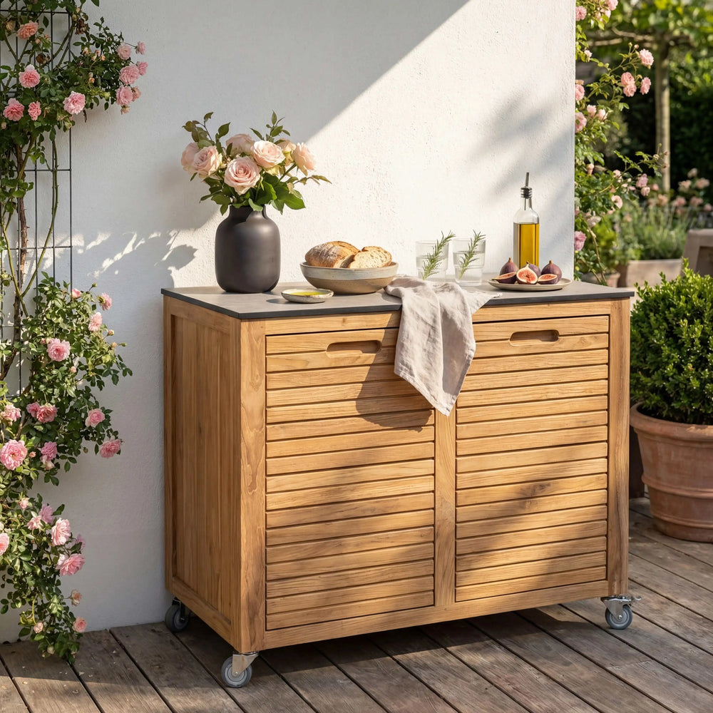 Teakholz Sideboard Elma mit Quartz Arbeitsplatte und Rollen für Outdoor Nutzung