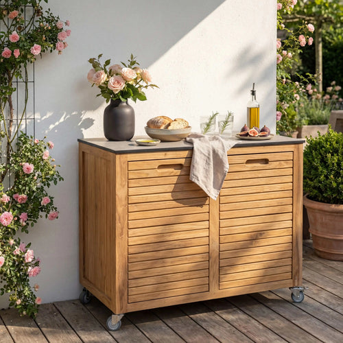 Teakholz Sideboard Elma mit Quartz Arbeitsplatte und Rollen für Outdoor Nutzung