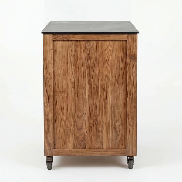 Teakholz Sideboard Elma mit Silverstar Quartz Arbeitsplatte, outdoor, rollbar, kratz- und hitzebeständig