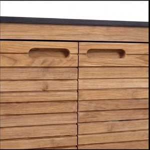 Teakholz Sideboard Elma mit robuster Quartz-Arbeitsplatte und zwei Türen, rollbar für flexible Nutzung im Außenbereich