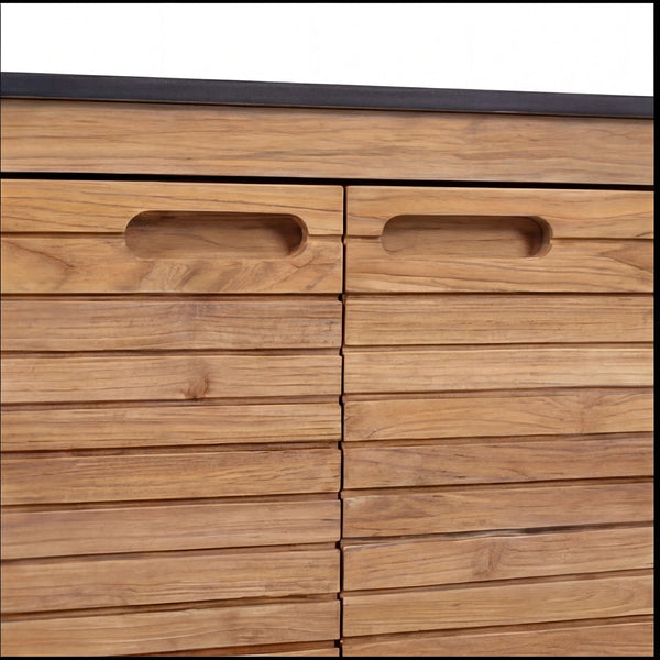 Teakholz Sideboard Elma mit robuster Quartz-Arbeitsplatte und zwei Türen, rollbar für flexible Nutzung im Außenbereich