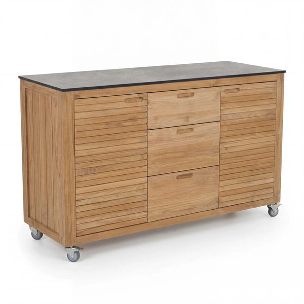 Teakholz Sideboard Elma3 mit Silverstar Arbeitsplatte und zwei Türen, drei Schubladen auf Lenkrollen