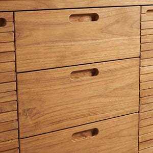 Teakholz Sideboard Elma3 mit Silverstar Arbeitsplatte, 2 Türen, 3 Schubladen und Lenkrollen, rollbar und vielseitig nutzbar