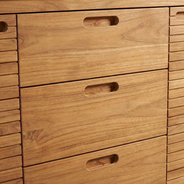 Teakholz Sideboard Elma3 mit Silverstar Arbeitsplatte, 2 Türen, 3 Schubladen und Lenkrollen, rollbar und vielseitig nutzbar