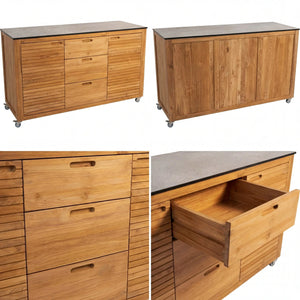 Teakholz Sideboard Elma3 mit Silverstar Arbeitsplatte, 2 Türen, 3 Schubladen und Lenkrollen, warmes Design und praktischer Stauraum