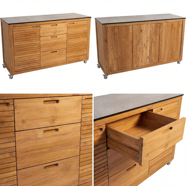 Teakholz Sideboard Elma3 mit Silverstar Arbeitsplatte, 2 Türen, 3 Schubladen und Lenkrollen, warmes Design und praktischer Stauraum