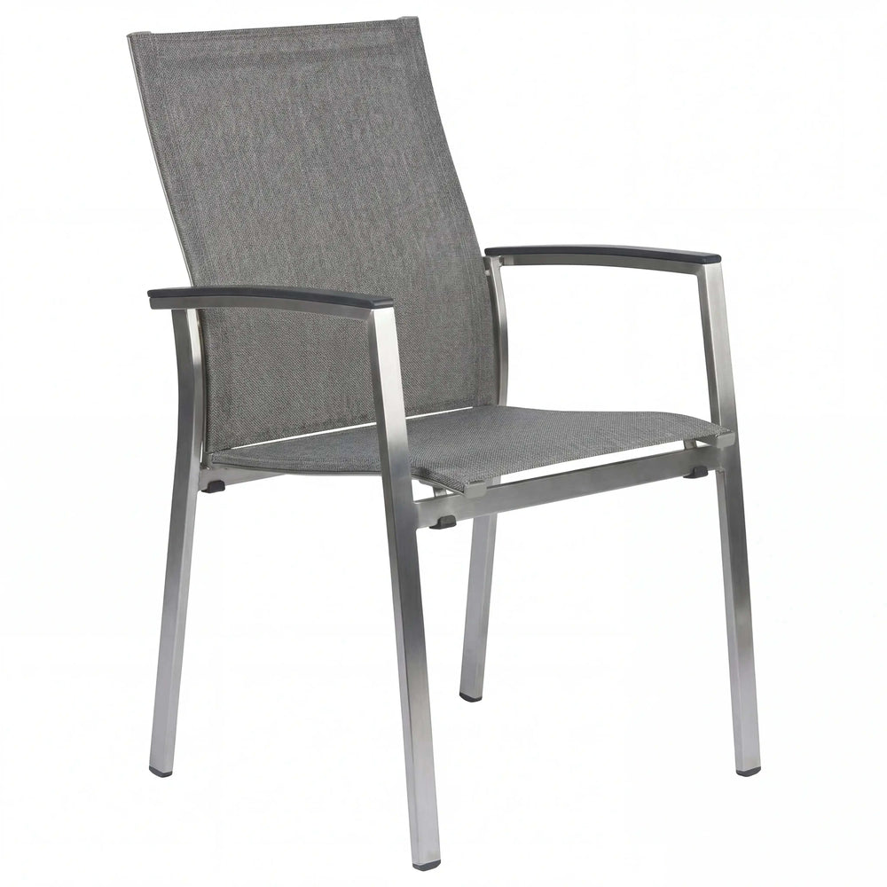 Stapelsessel Mika aus Edelstahl mit Textilene-Sitz und Aluminiumarmlehnen, stapelbar und windstabil, in modernem Grauton
