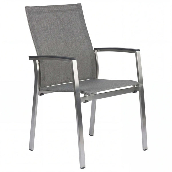 Stapelsessel Mika aus Edelstahl mit Aluminiumarmlehnen und Textilene Sitzfläche in Leinen Grau