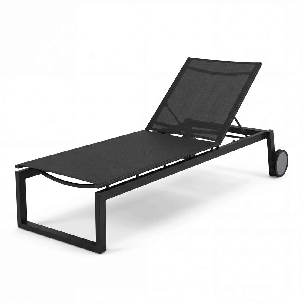 Moderne Gartenliege Robin aus mattschwarzem Aluminium mit 5-fach Verstellung und grauer Textil-Liegefläche