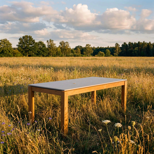 Moderner Gartentisch mit massivem Teakgestell und kratzfester Dekton Tischplatte in Lava hellgrau