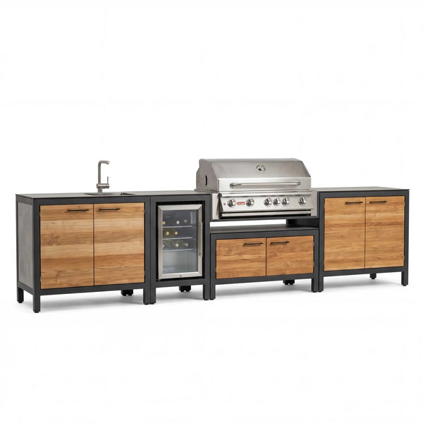 Moderne Outdoorküche Black Line mit HPL Beton und Teakholzfronten, Grill und Spüle