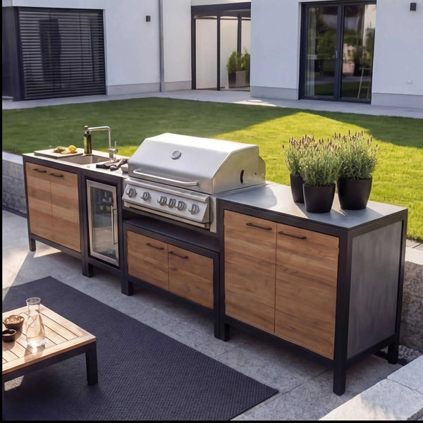 Moderne Outdoorküche Black Line mit HPL Beton und Teakholz Fronten