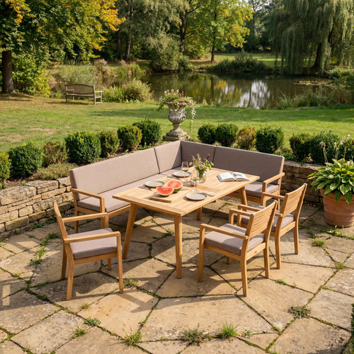 Teakholz Eckbankgruppe "Ann" inkl. Tisch & 3 Armlehnstühle Sitzkissen