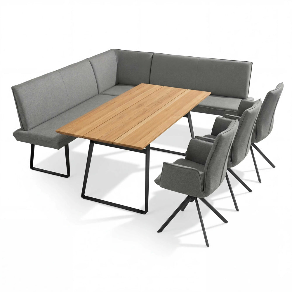 Moderne Eckbankgruppe Elba mit pulverbeschichtetem Stahlgestell und Olefin-Bezug in Grau auf Terrasse