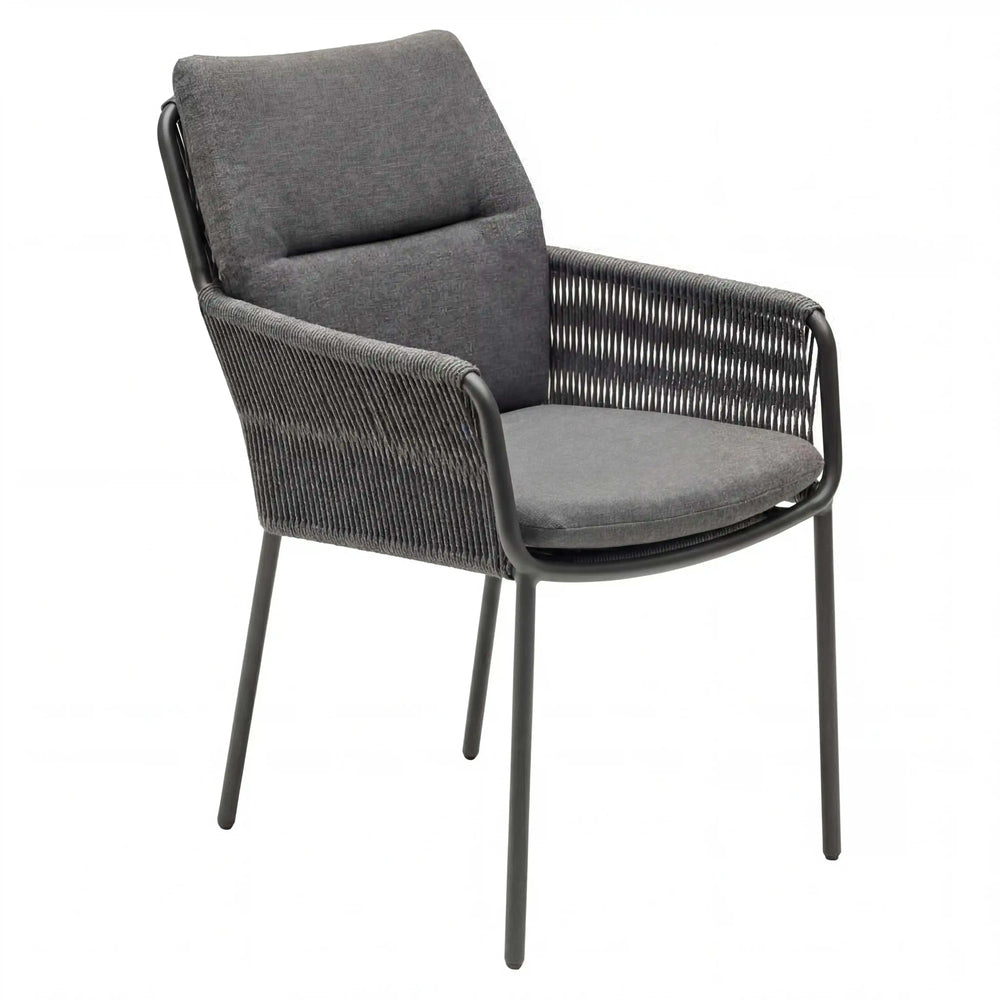 Moderner Gartensessel Como mit anthrazitfarbenem Aluminiumgestell, natürlicher Rope-Bespannung und grauen, wasserabweisenden Sitz- und Rückenkissen