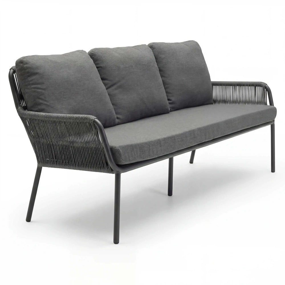 Moderner Lounge 3-Sitzer Como aus Aluminium und Rope mit grauen Textilen und wasserabweisenden Kissen