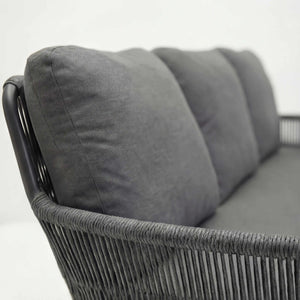 Lounge 3-Sitzer Como mit grauen Olefin-Kissen aus pulverbeschichtetem Aluminium und Rope-Geflecht