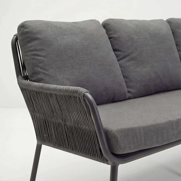 Moderner Lounge 3-Sitzer Como aus pulverbeschichtetem Aluminium und Rope-Geflecht mit grauen Olefin-Kissen