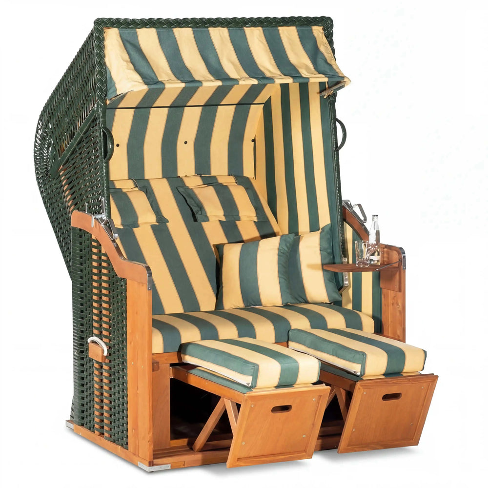 Gartenstrandkorb Rustikal 250 Plus in grün, wetterbeständig und für 2 Personen mit verstellbaren Fußstützen und Kissen