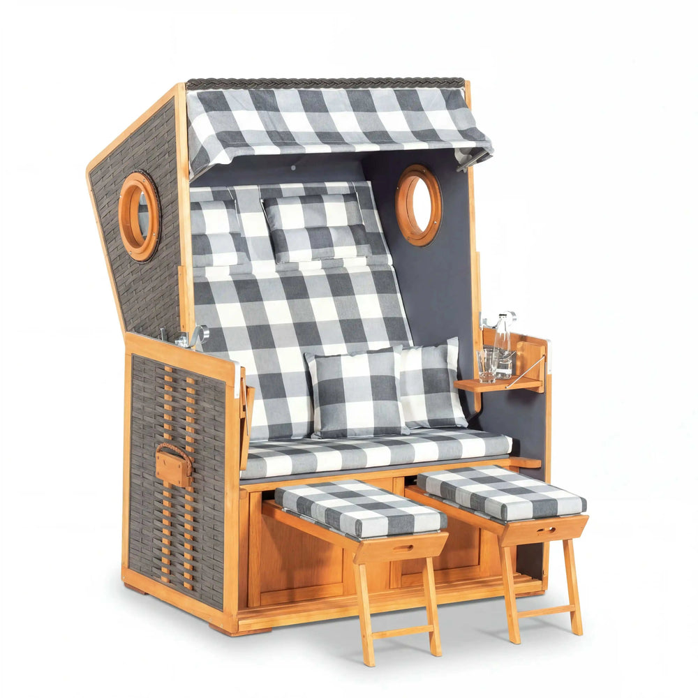 Gartenstrandkorb Müsing Rustikal 110 Z mit vintage-braunem Kunststoffgeflecht und teakfarbenem Pinienholz