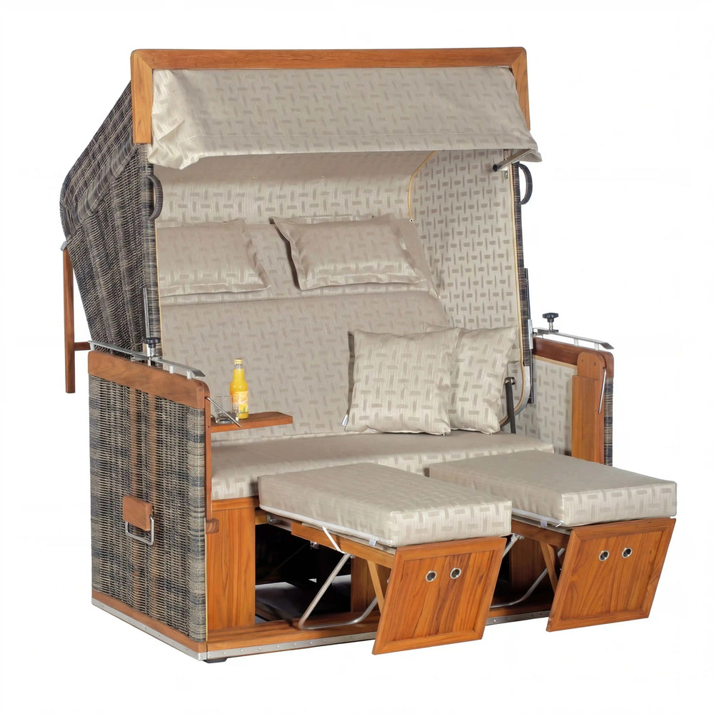 Gartenstrandkorb Präsident aus Teakholz mit extrabreiter Sitzfläche und witterungsbeständigem Rundgeflecht